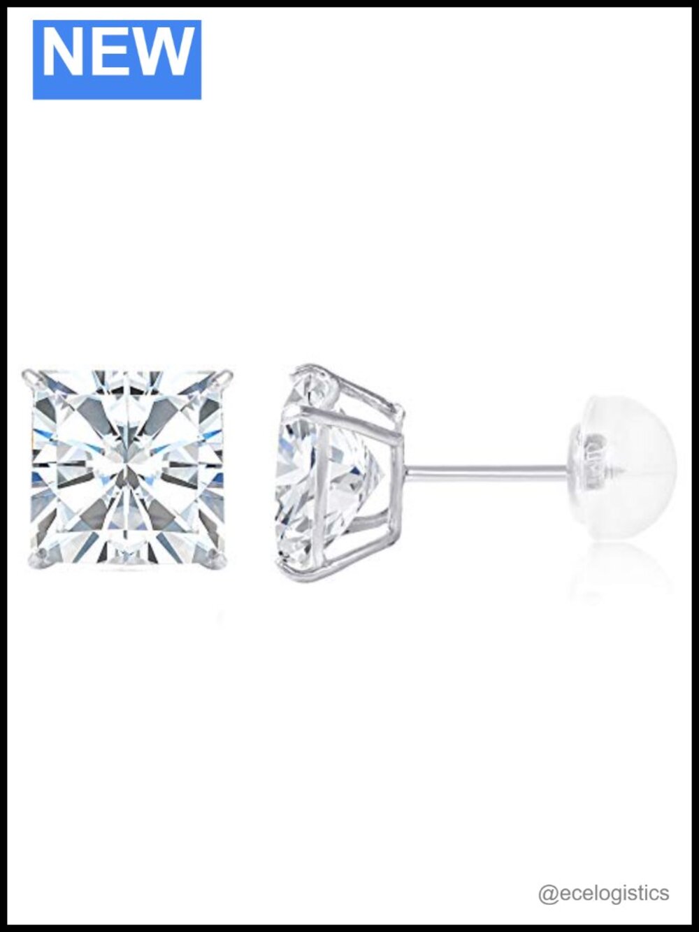 14K Solid White Gold Princess Cut CZ Stud Earrings 7mm